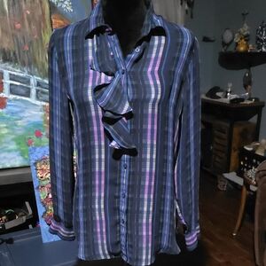 Banana Republic Blue and Pink Plaid Ruffle Shirt